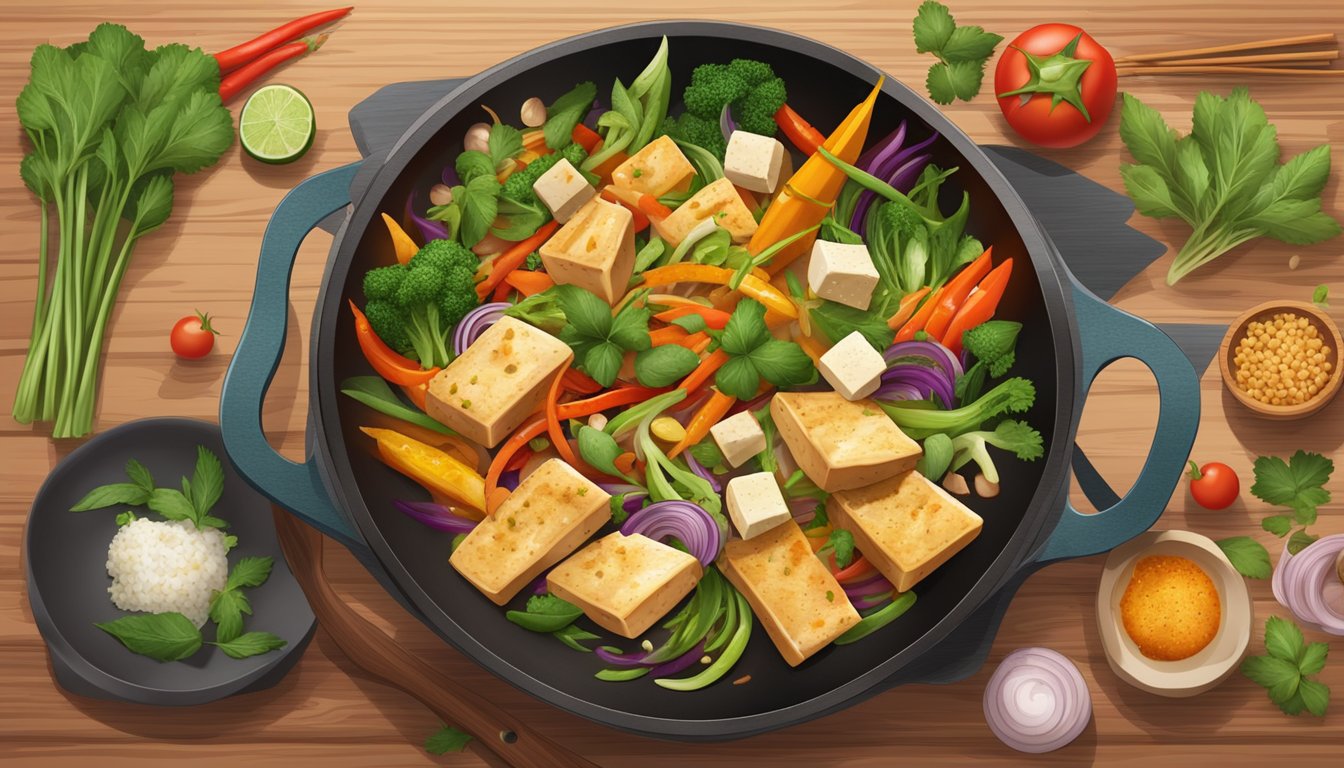 A sizzling wok filled with colorful vegetables and sizzling tofu, surrounded by a variety of fresh herbs and spices on a wooden cutting board