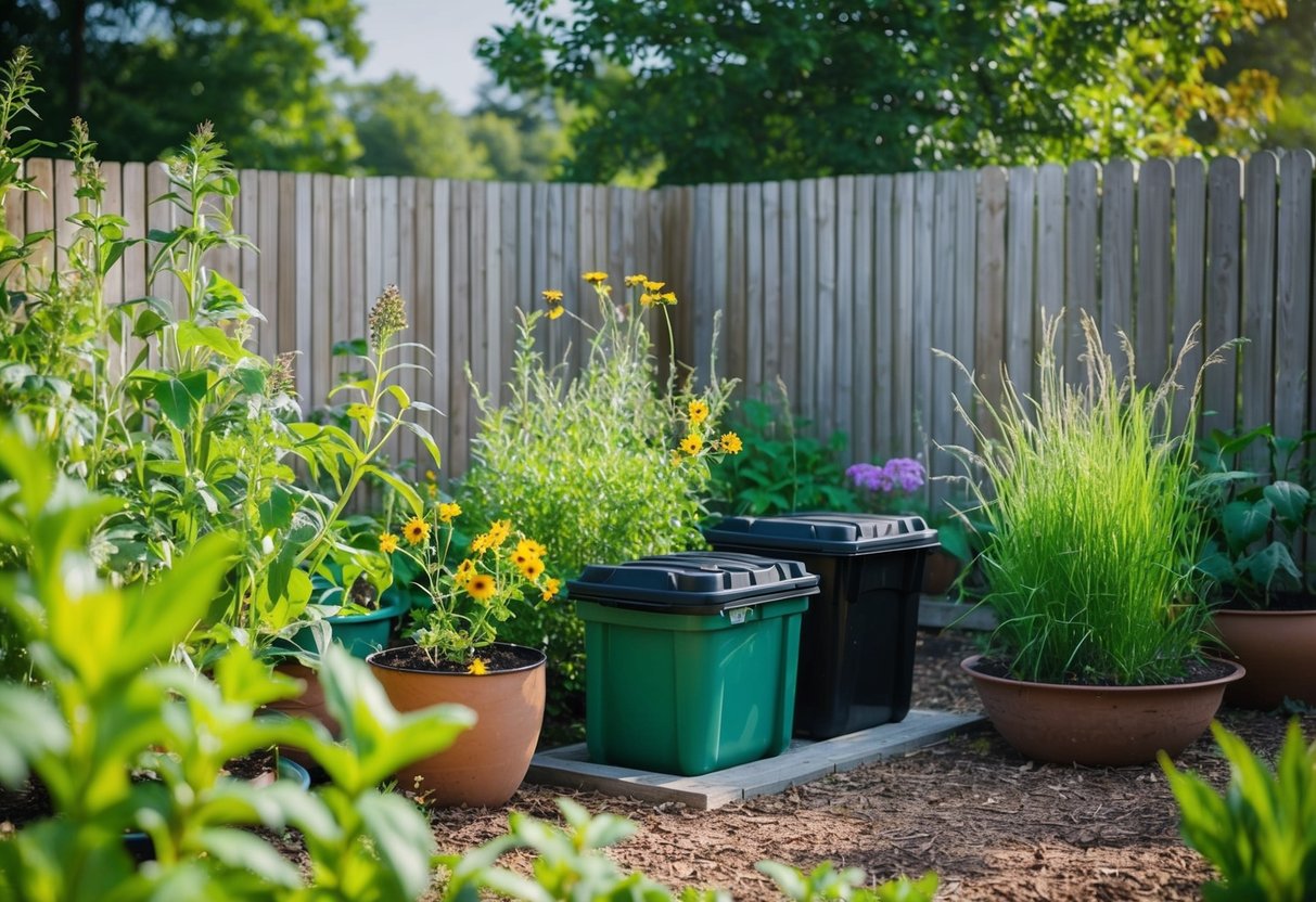 Ein Garten mit einheimischen Pflanzen, Kompostbehältern und einem Regenwassersammelsystem, umgeben von einem Holzzaun und summend von Bestäubern.