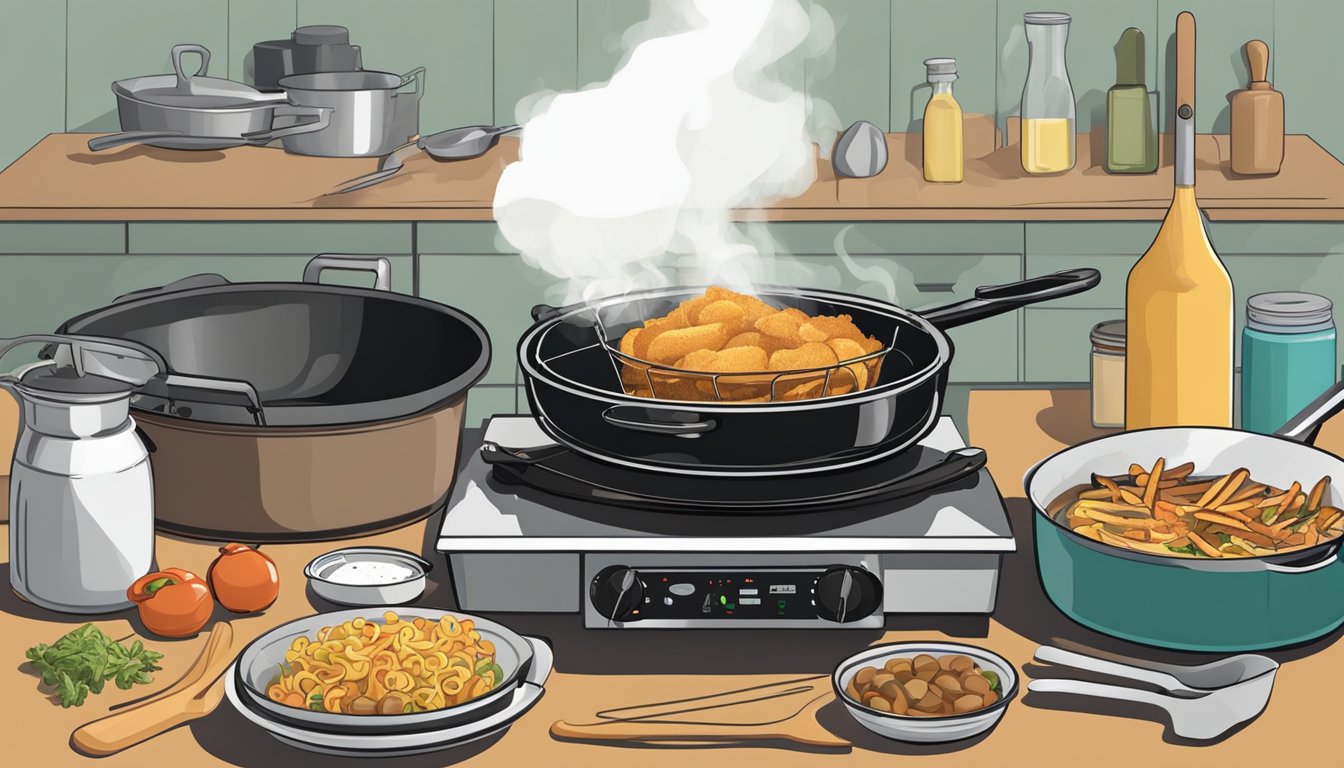 A deep fryer and skillet sit side by side, surrounded by various cooking utensils and ingredients. The deep fryer is plugged in and bubbling with hot oil, while the skillet is sizzling on the stovetop