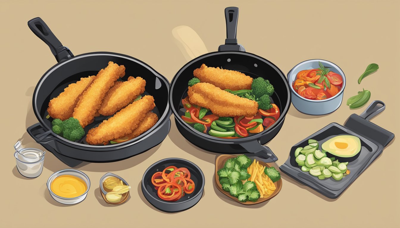 A deep fryer and a skillet sit side by side, each filled with sizzling oil and surrounded by an array of fresh ingredients ready for frying