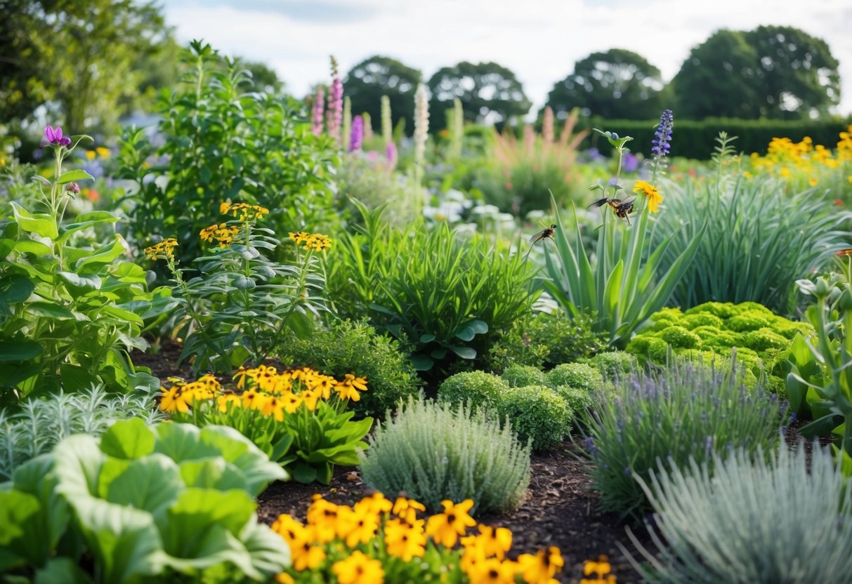 Ein vielfältiger Garten mit einer Vielzahl von Pflanzen, Blumen und Insekten. Der Garten ist so gestaltet, dass er Nachhaltigkeit und Biodiversität fördert.