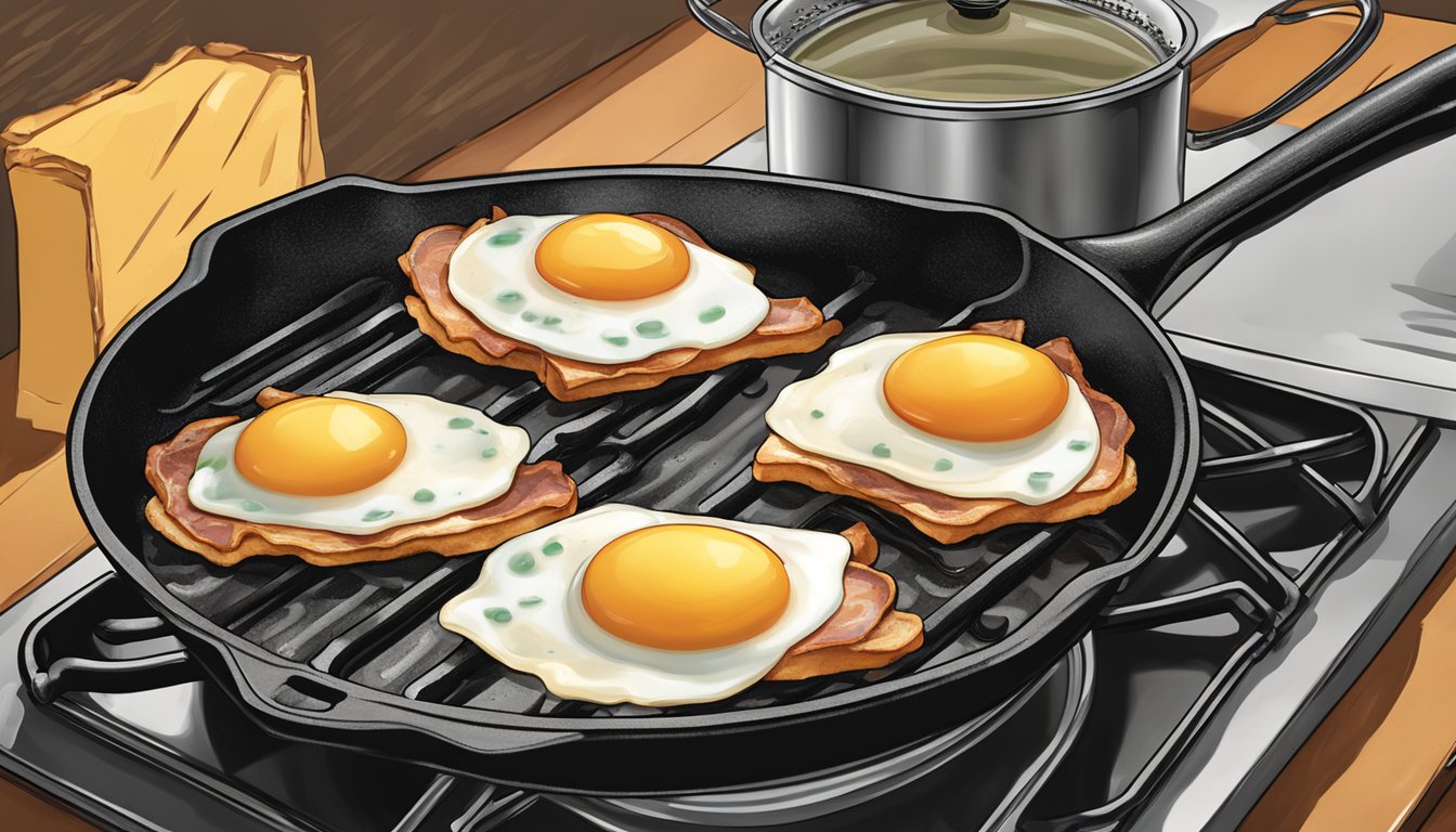 A sizzling cast iron skillet frying bacon and eggs over a gas stove