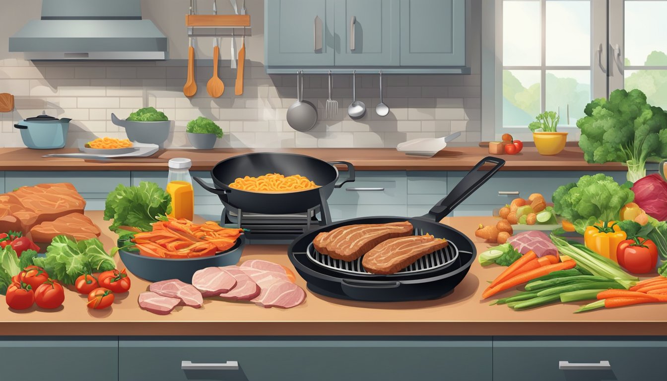 A kitchen counter with a deep fryer and a skillet, surrounded by fresh vegetables and lean cuts of meat