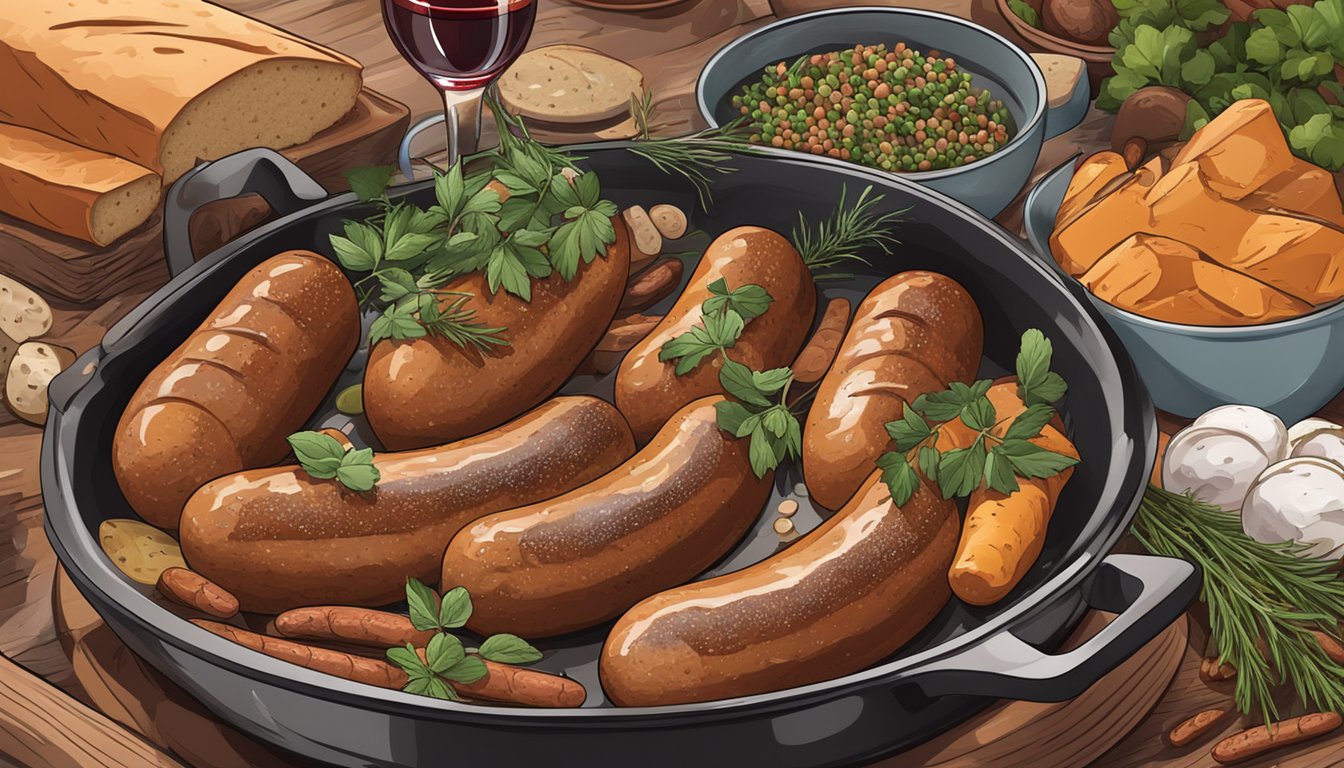 A sizzling pan of sausages, surrounded by colorful herbs and spices, with a glass of wine and a loaf of bread nearby