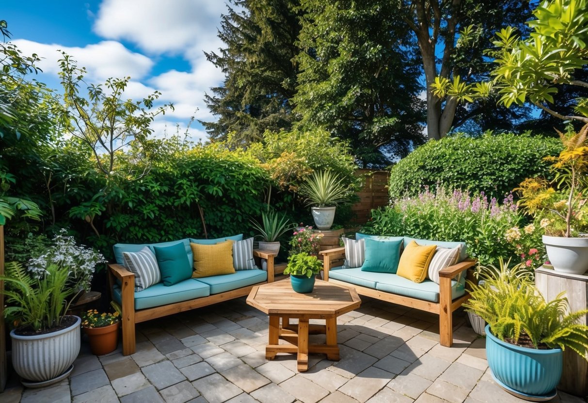 Ein gemütlicher Außenbereich mit Holzbank, einem Tisch und Topfpflanzen, umgeben von einem üppigen Garten und einer Kulisse aus Bäumen und blauem Himmel.