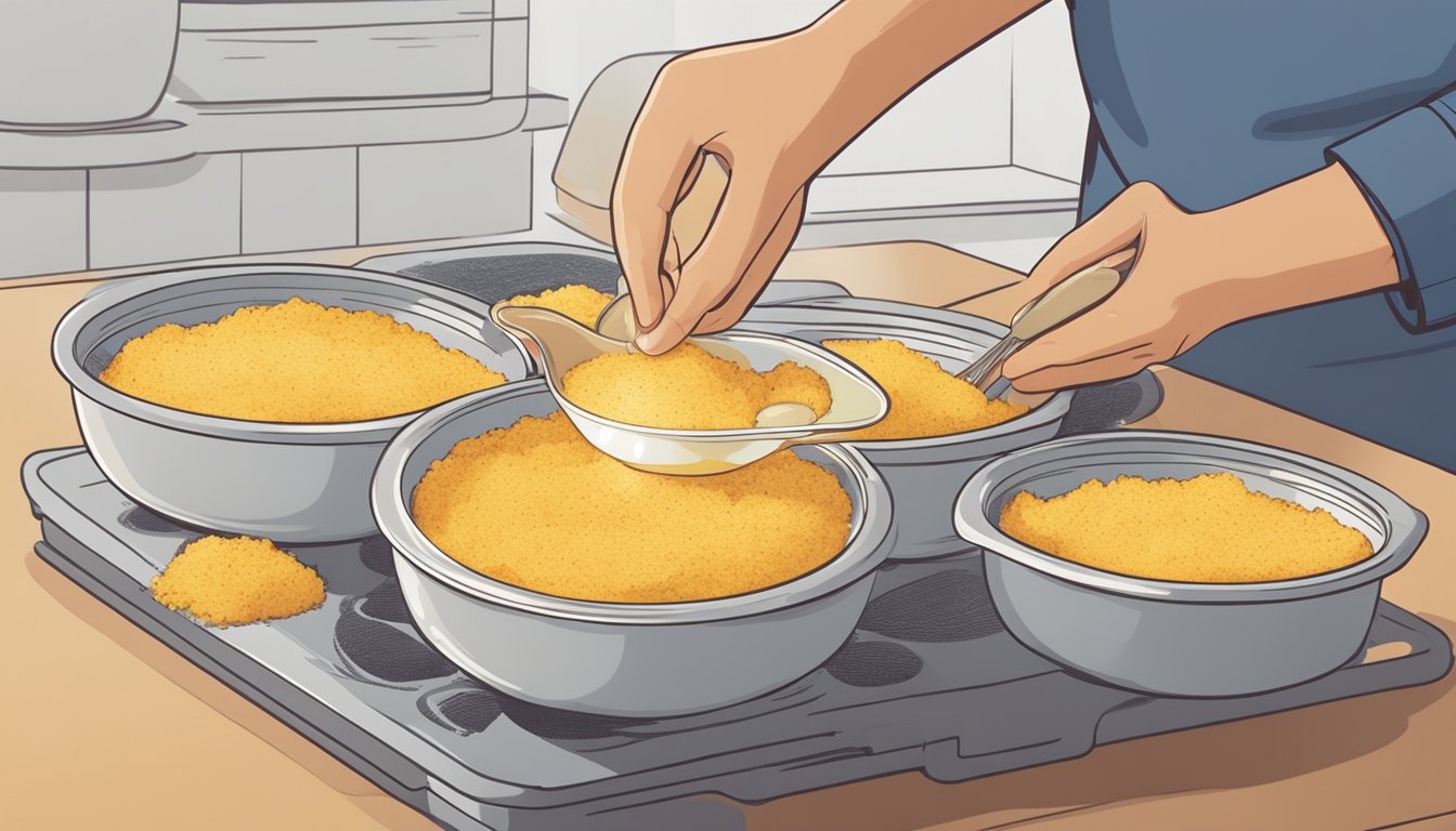 A hand dipping breadcrumbs into a bowl of beaten eggs, then coating them onto a casserole dish before baking