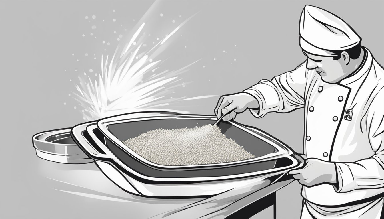 A chef sprinkles seasoned breadcrumbs over a casserole, ready to be baked for a crispy finish