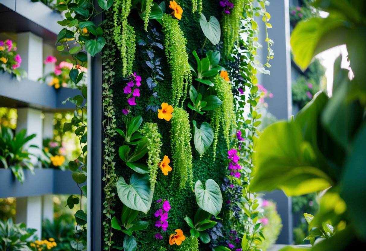 Eine üppige, vertikale Garteninstallation mit herabfallendem Laub und lebhaften Blumen, die eine lebendige und umweltfreundliche städtische Oase schafft.