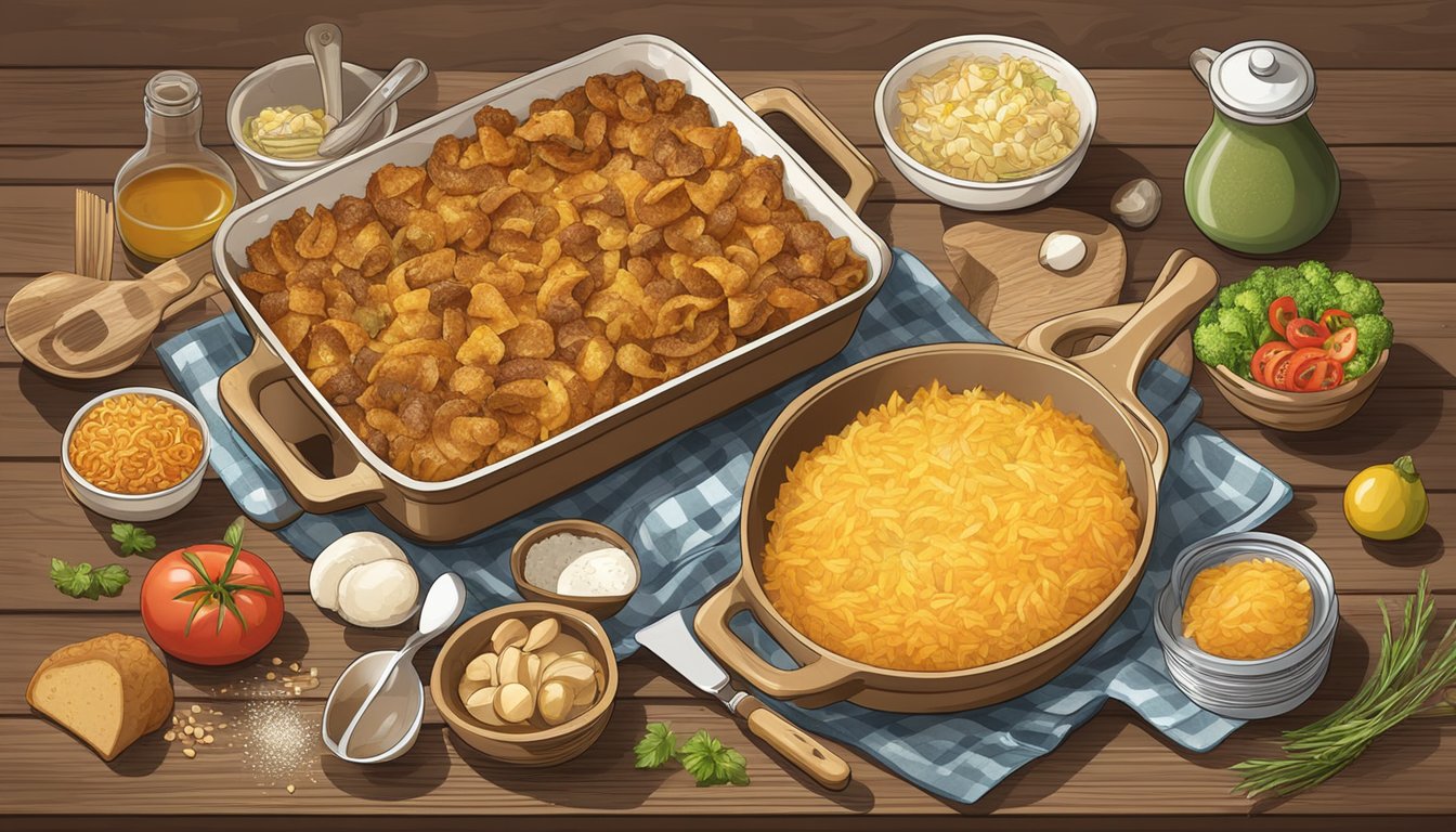 A golden-brown casserole with crispy fried toppings sits on a rustic wooden table, surrounded by various ingredients and kitchen utensils