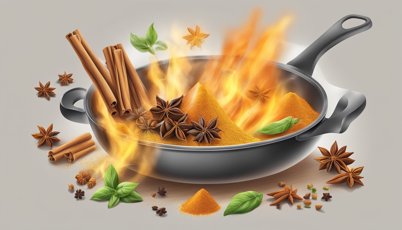 A variety of spices sizzle and pop in a hot pan, releasing their aromatic flavors into the air