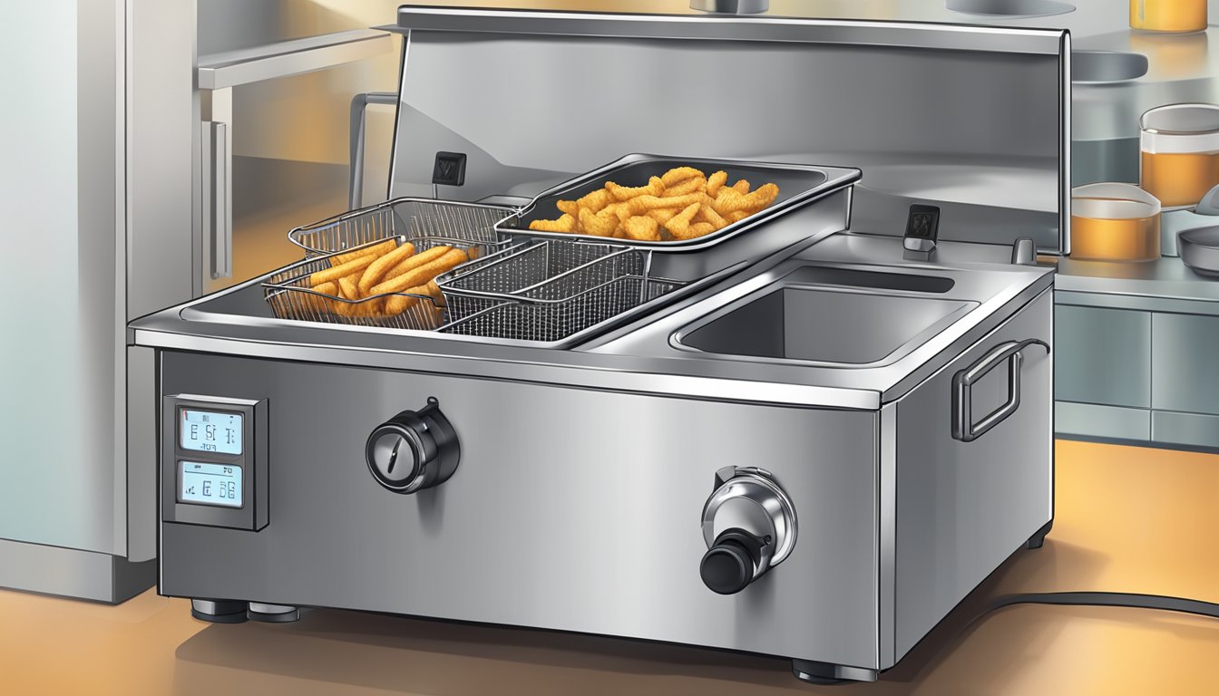 A commercial deep fryer with a large metal basket submerged in sizzling hot oil. A digital temperature gauge and safety features are visible