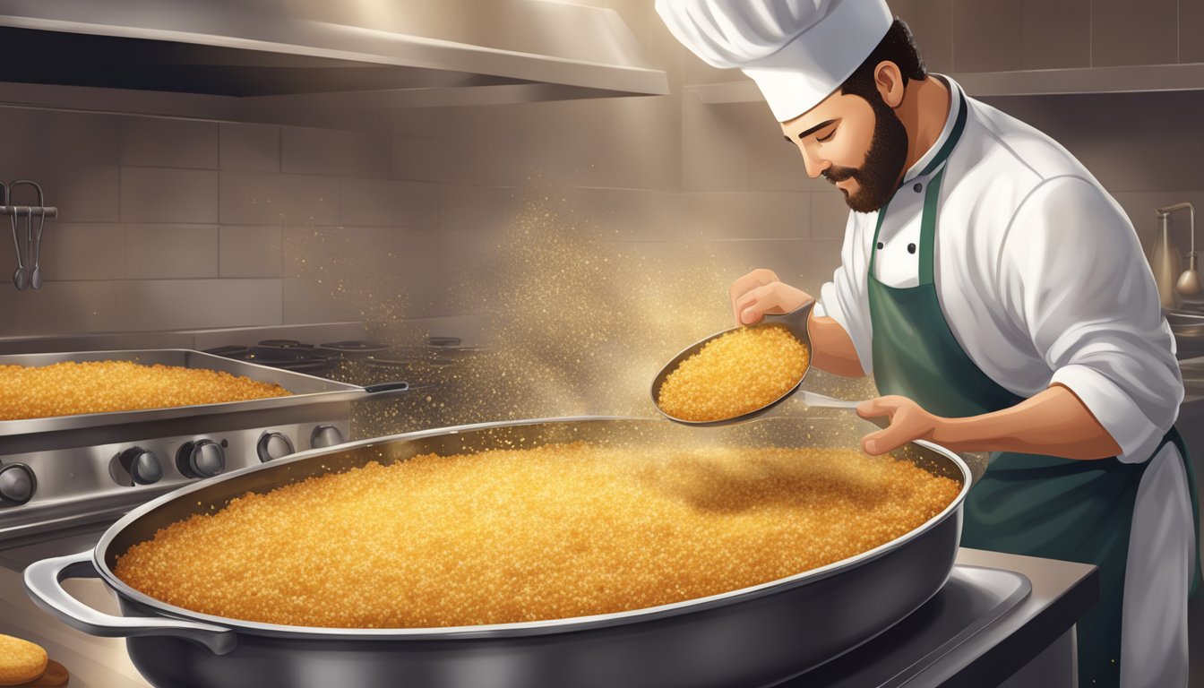 A bubbling casserole dish with a golden, crispy topping being sprinkled on by a chef. The kitchen is filled with the aroma of sizzling breadcrumbs and herbs