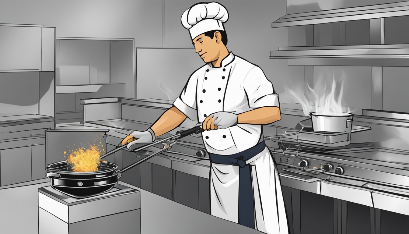 A chef sets up a deep fryer with a splatter guard, tongs, and a fire extinguisher nearby