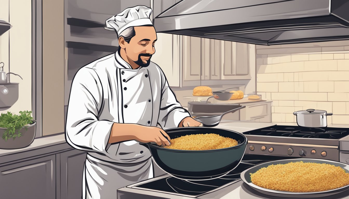 A chef using a frying pan to crisp up a mixture of breadcrumbs and herbs for a casserole topping