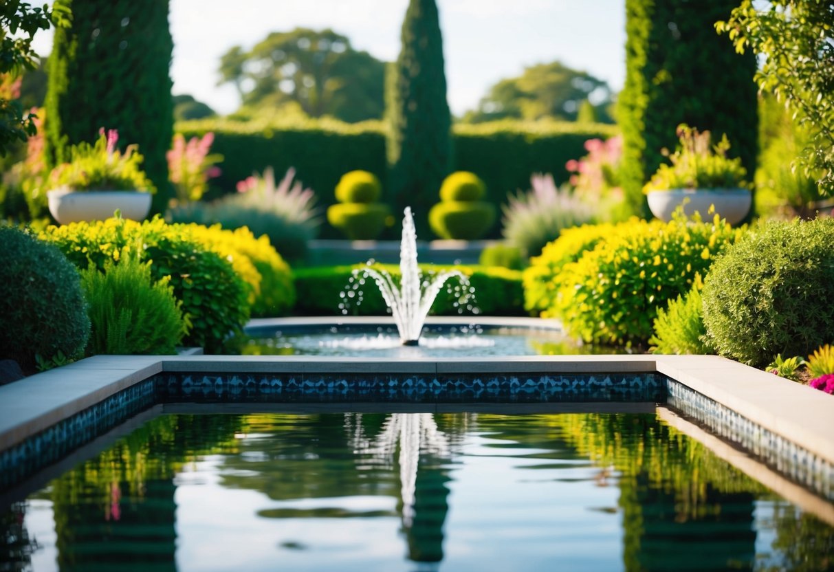 Ein ruhiger Garten mit mehreren Wasseranlagen und üppigem Grün