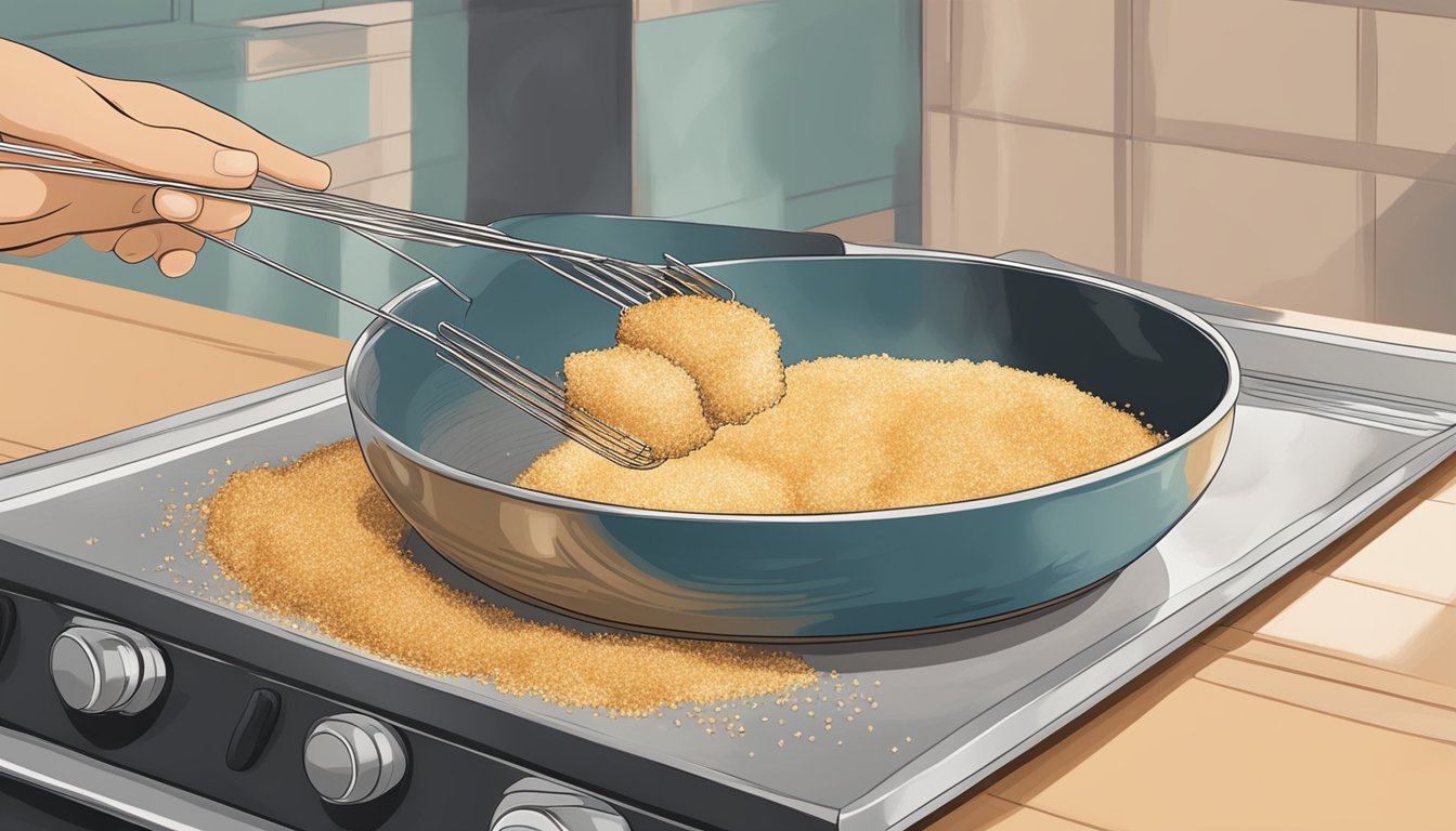 A hand holding a wire whisk and a bowl of seasoned panko breadcrumbs, with a pot of hot oil on the stove