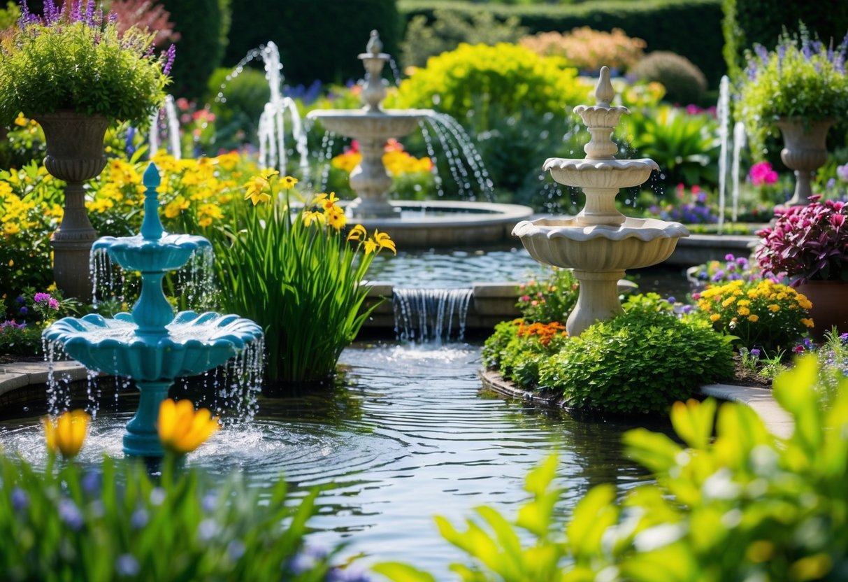 Eine friedliche Gartenszene mit verschiedenen Arten von Wasseranlagen, einschließlich Brunnen, Teichen und Bächen, umgeben von üppigem Grün und bunten Blumen.