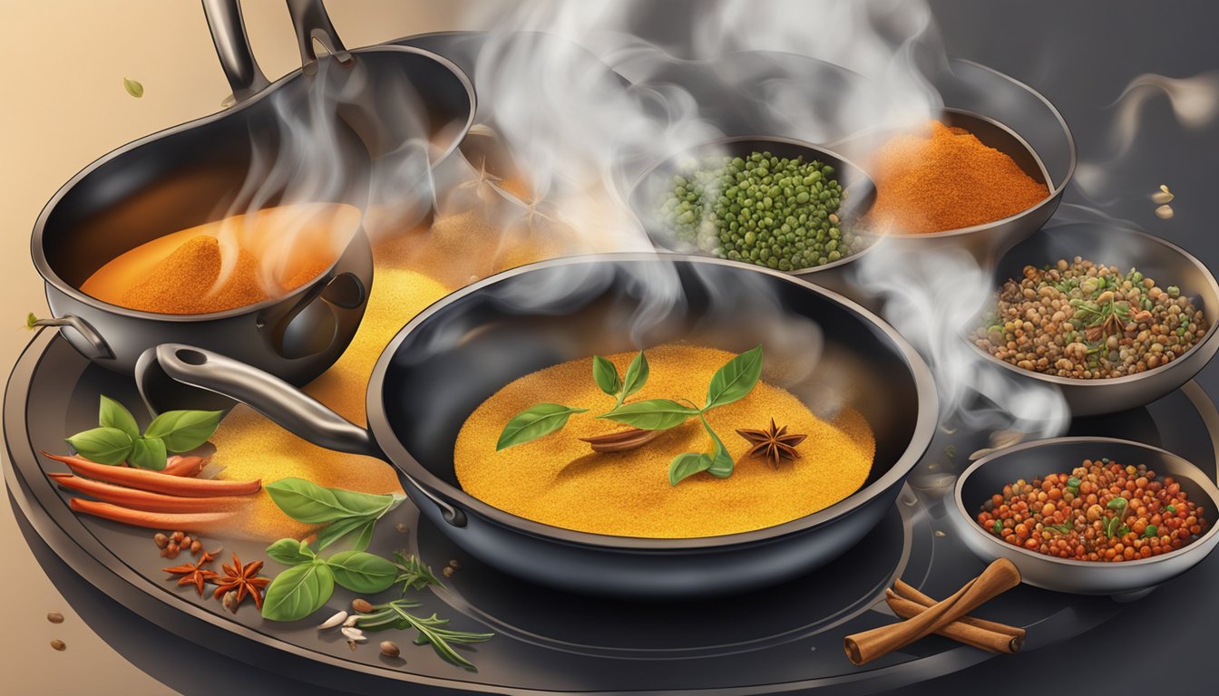 A variety of spices sizzling in a hot pan, releasing their aromatic flavors into the air