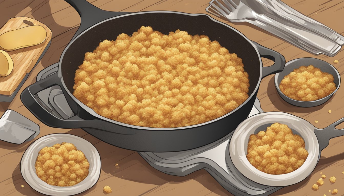 Golden brown breadcrumbs sizzling in a skillet atop a bubbling casserole