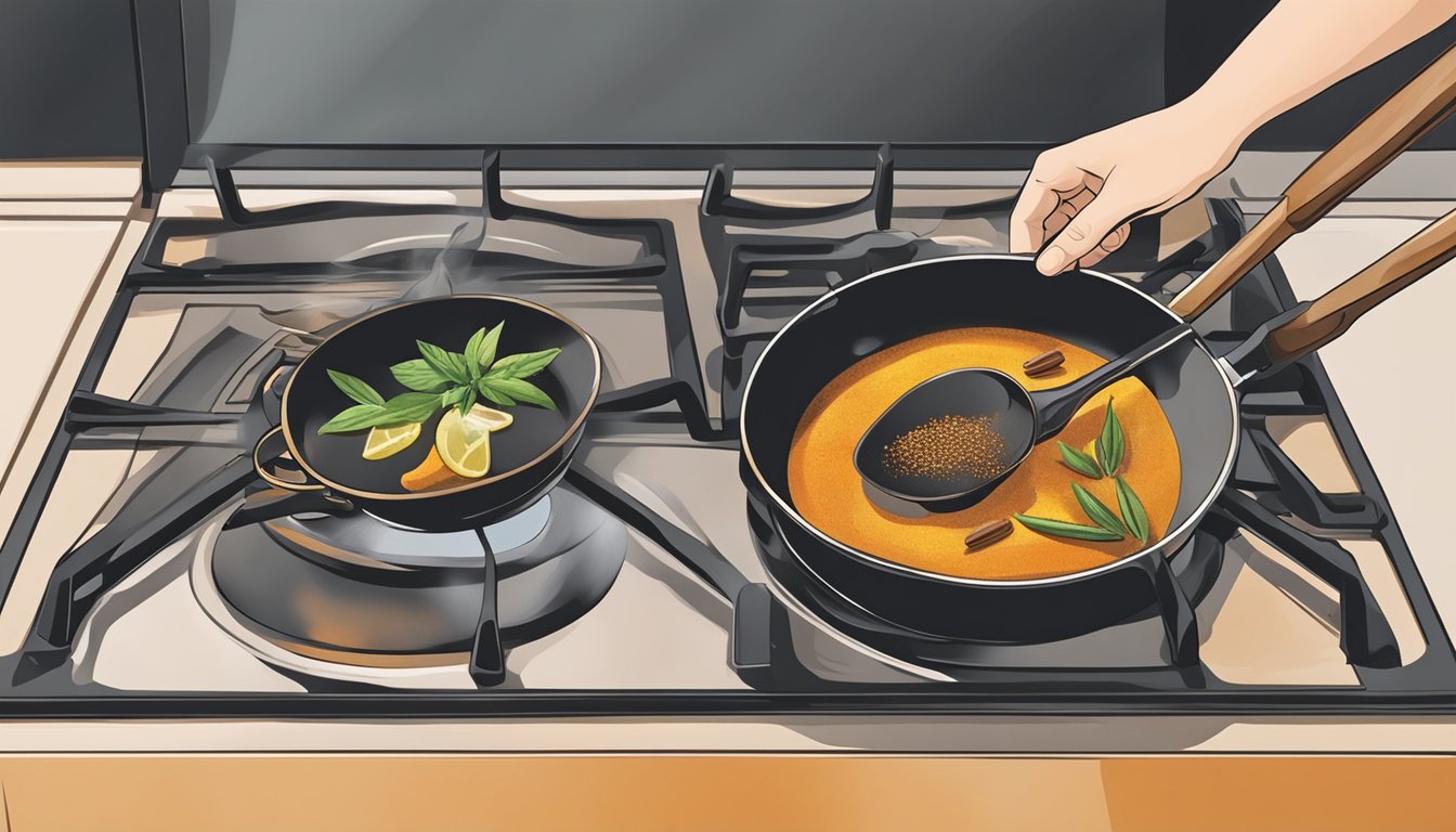 A hand holding a pan over a stove, with various spices sizzling and emitting aromatic smoke