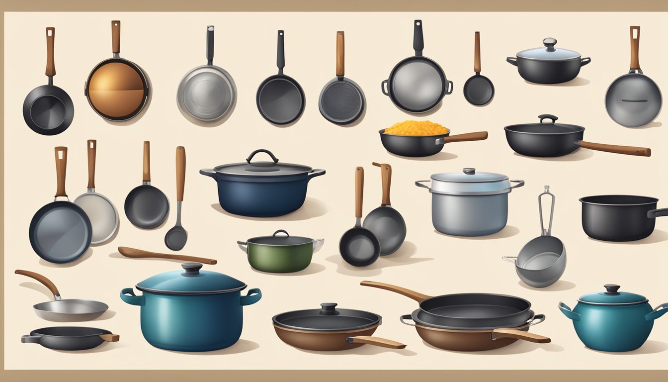 A variety of frying pans and pots from different cultures, each containing traditional ingredients and cooking methods