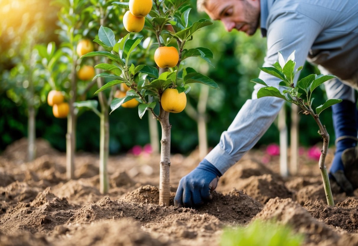 Obstbäume werden in einem Garten gepflanzt