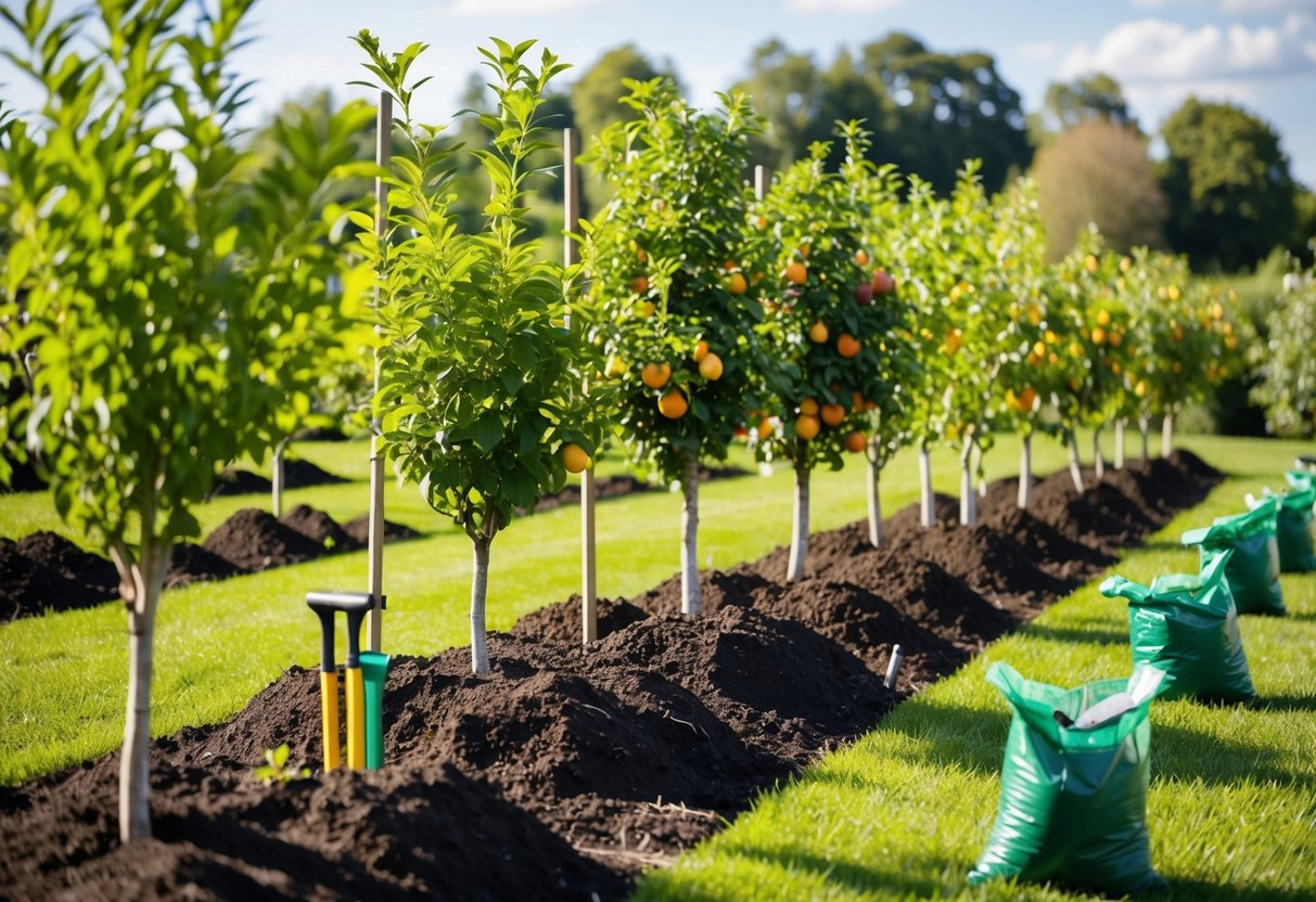 Ein sonniger Garten mit einer Vielzahl von Obstbäumen, die in ordentlichen Reihen gepflanzt werden, mit Gartengeräten und Säcken Erde, die verstreut herumliegen.