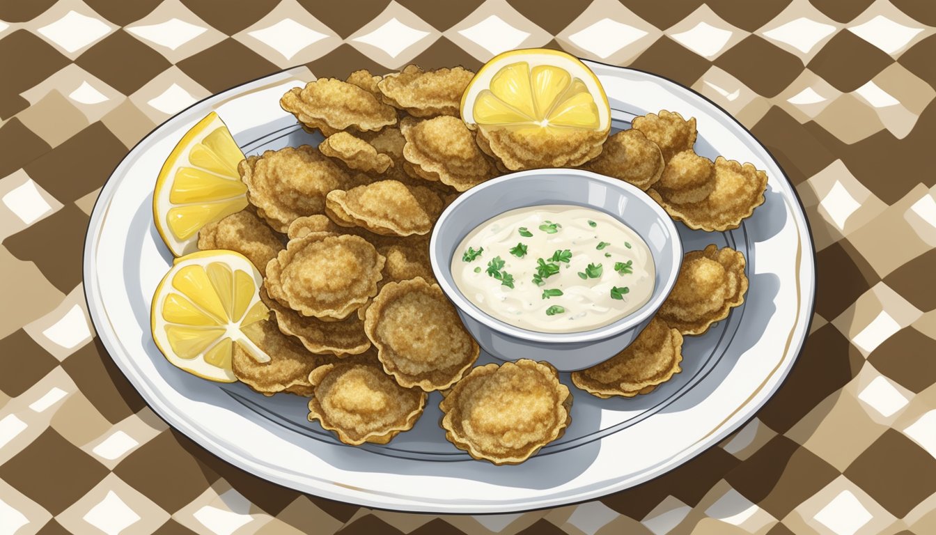 A plate of golden fried clams with a side of tartar sauce and a lemon wedge on a checkered tablecloth