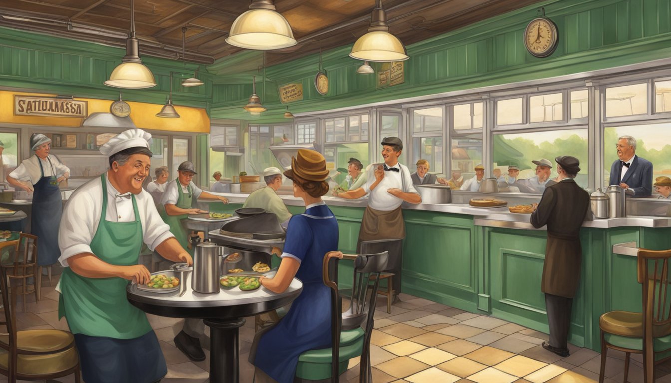 A bustling 1920s Southern diner with a chef frying green tomatoes in a sizzling cast-iron skillet while customers chat and laugh in the background