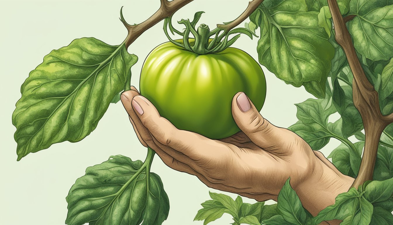 A hand reaching for a ripe green tomato on a vine