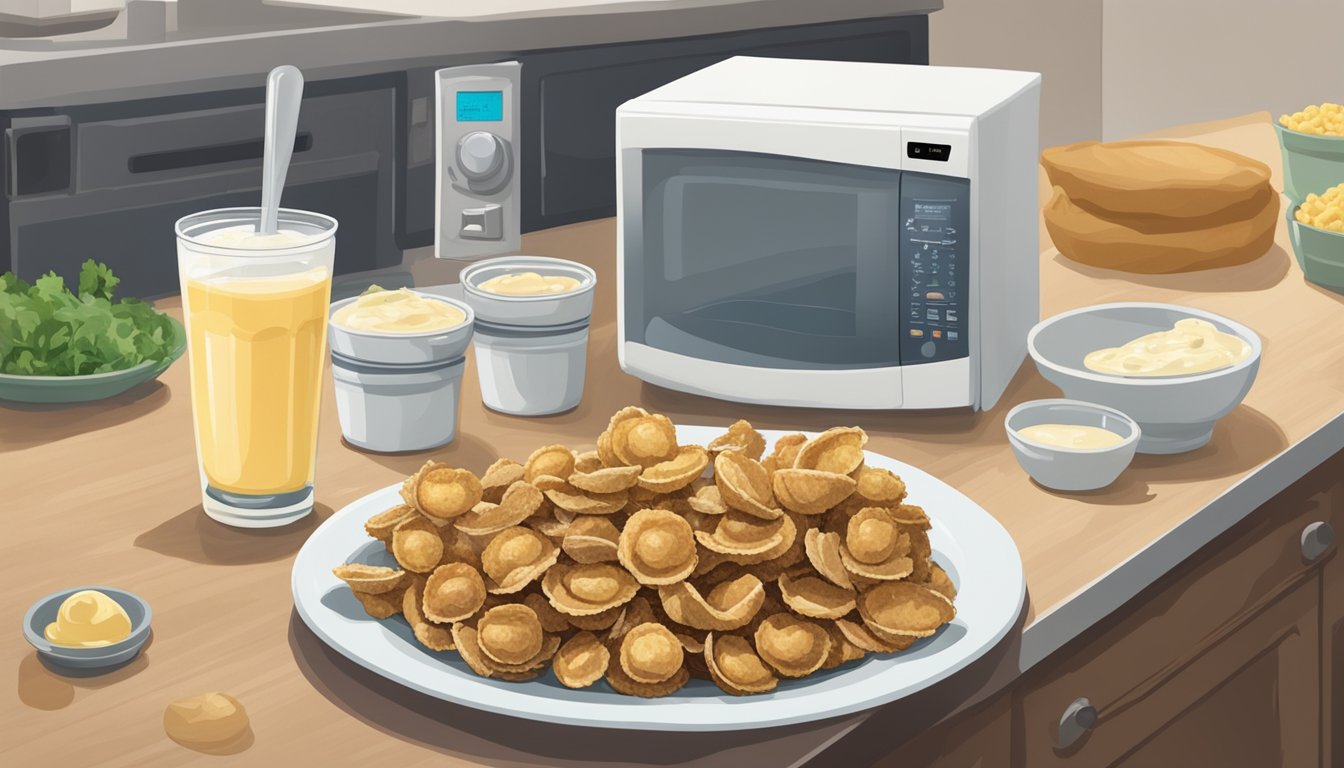 A plate of fried clams sits on a kitchen counter next to a microwave and a container of tartar sauce