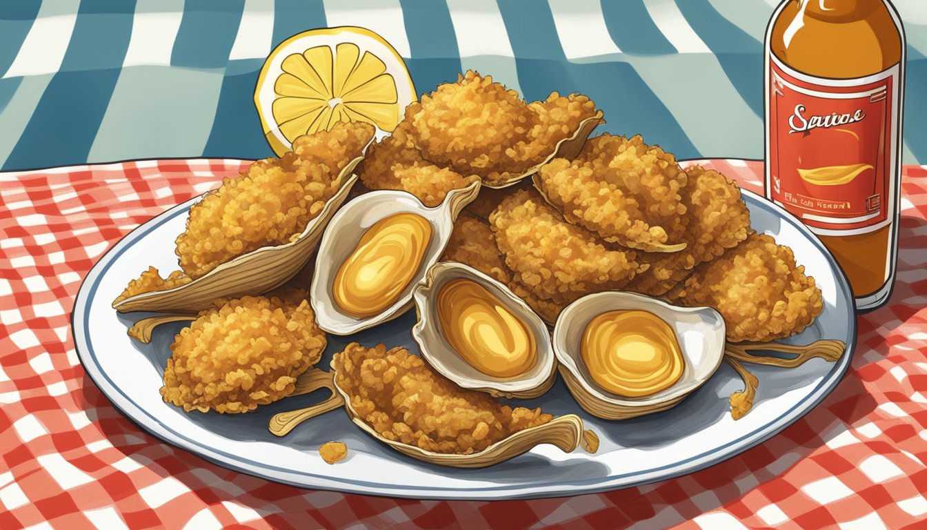 A plate of golden fried clams sits on a checkered tablecloth, with a bottle of hot sauce and a lemon wedge nearby