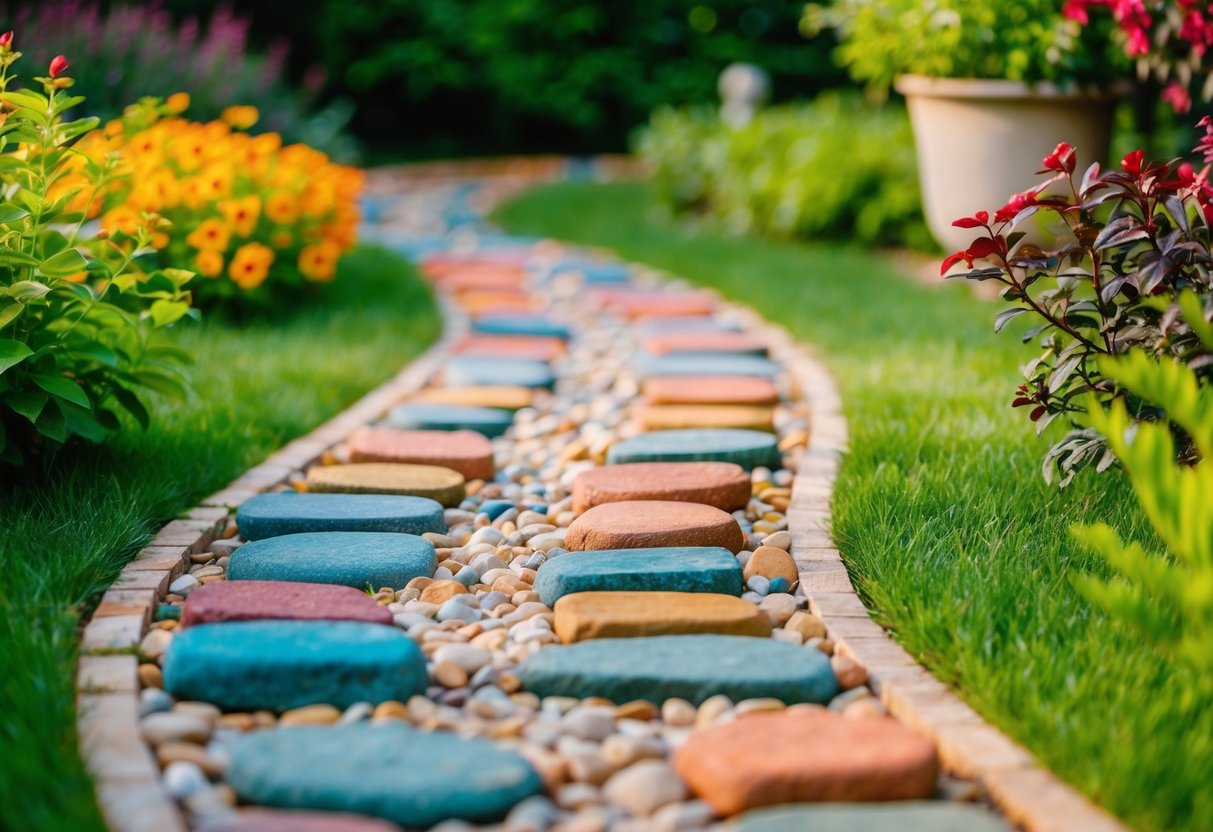 Ein gewundener Gartenweg, der mit bunten Steinen dekoriert und von üppigem Grün umgeben ist.