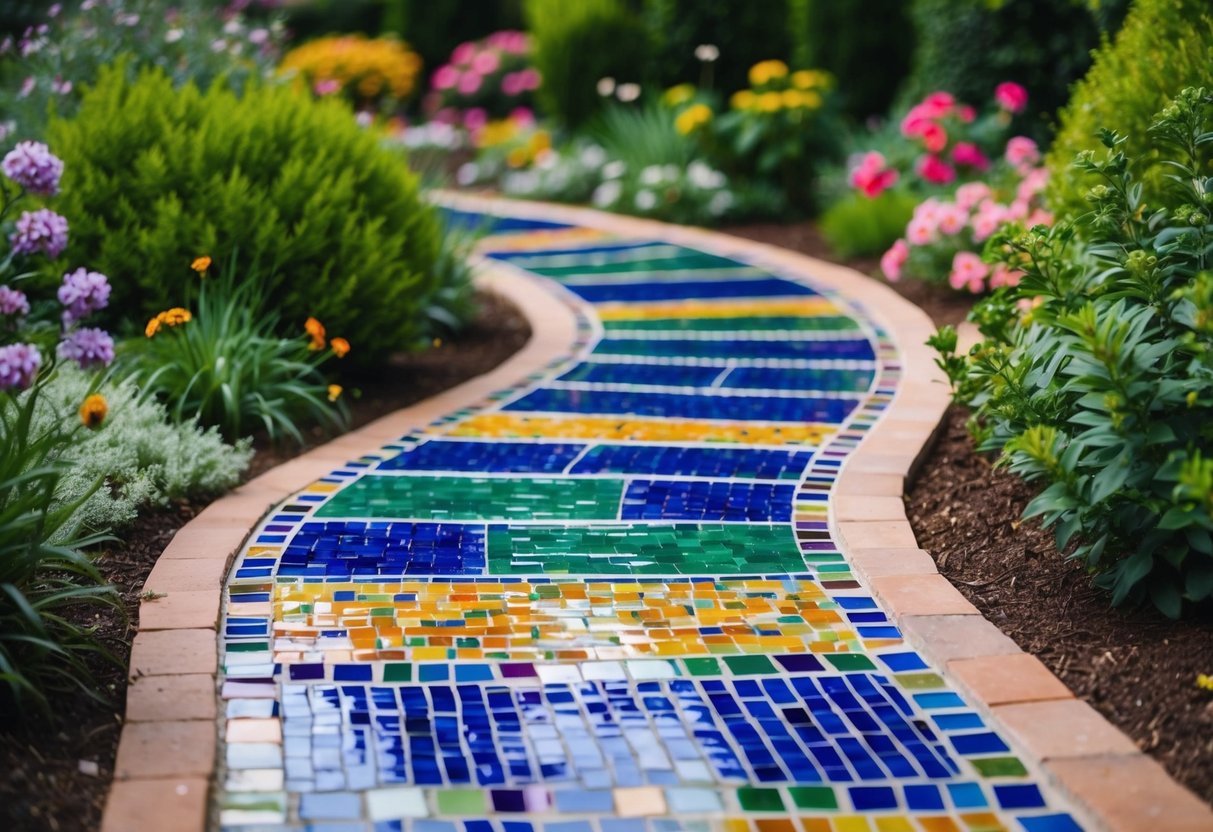 Ein gewundener Gartenweg, kreativ gestaltet mit bunten Mosaikfliesen und umgeben von üppigen, blühenden Blumen und Sträuchern.