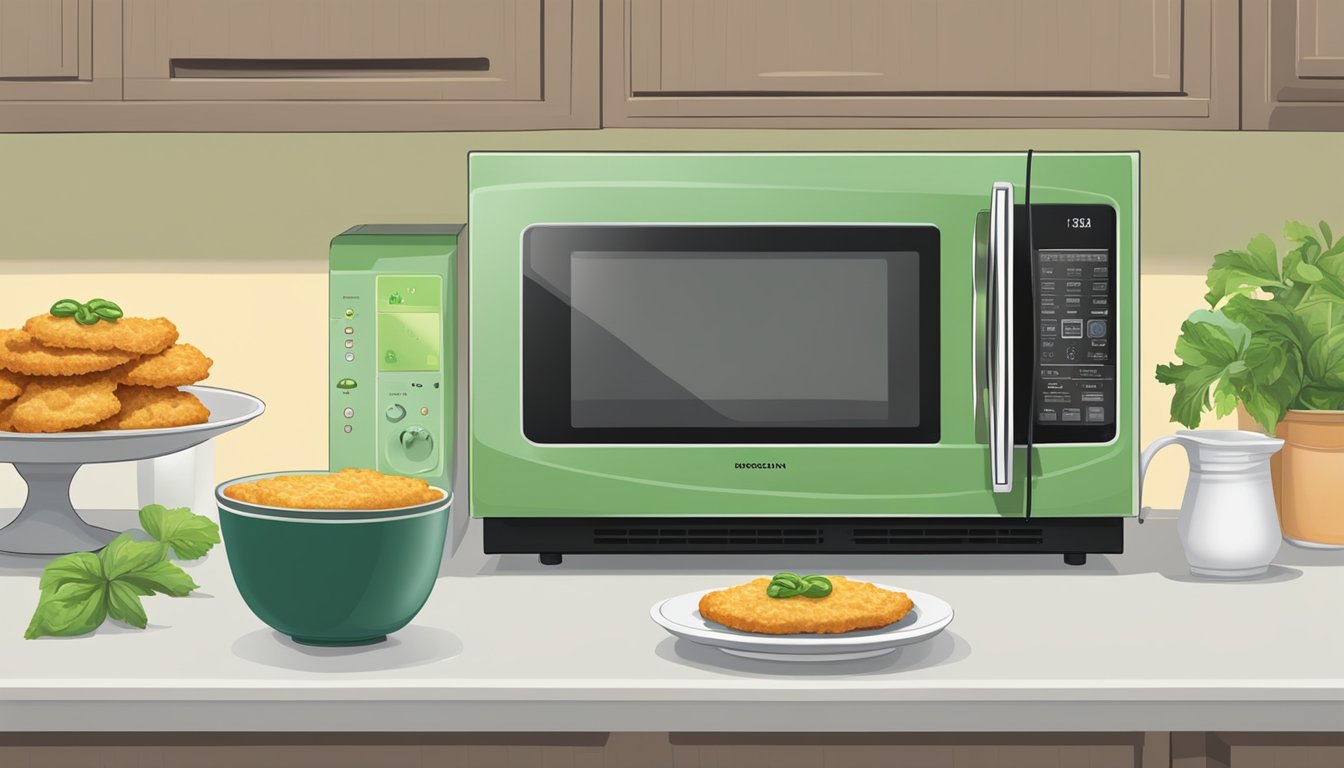 A kitchen counter with a container of fried green tomatoes, a microwave, and a plate