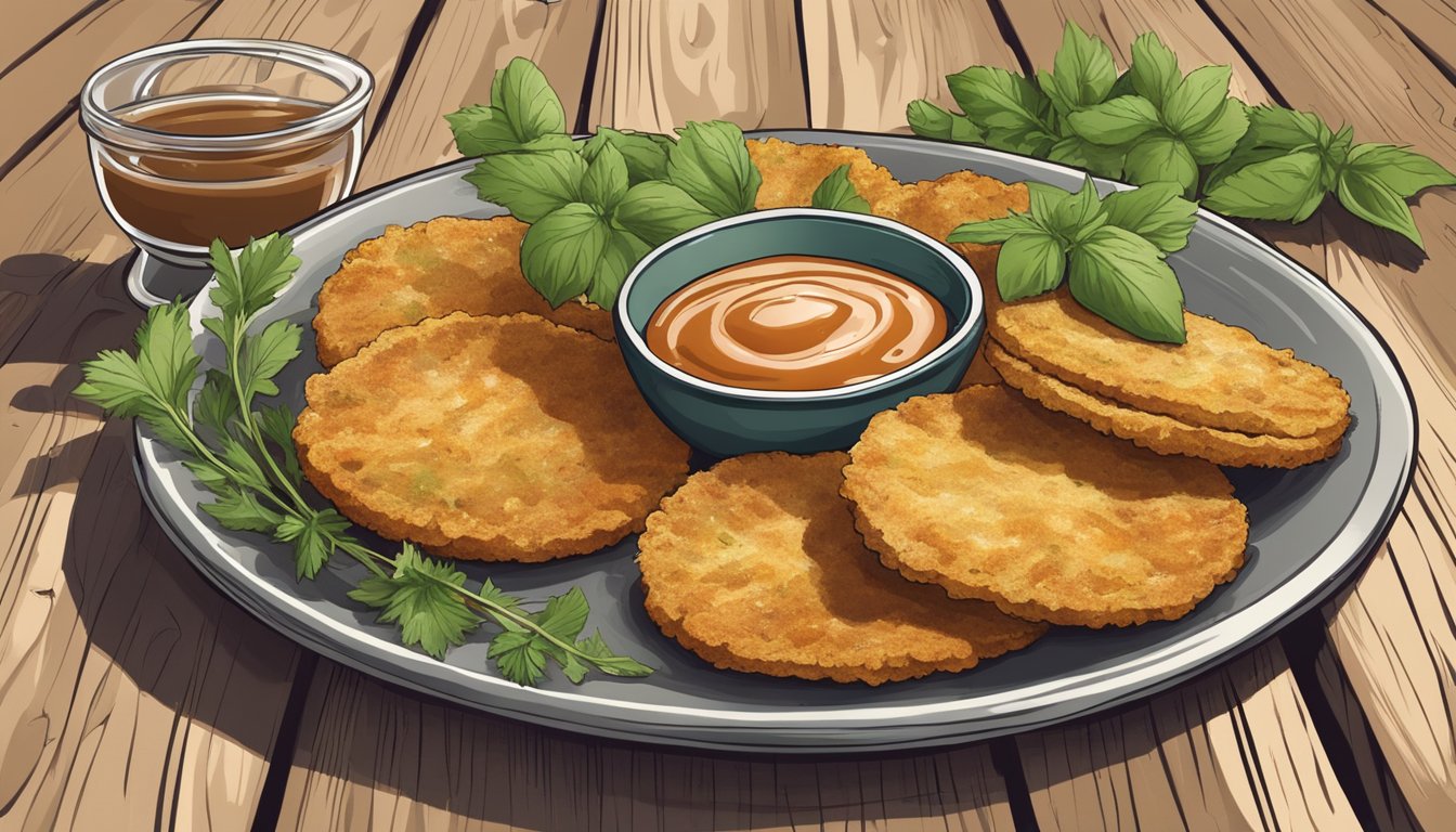 A plate of fried green tomatoes with a side of dipping sauce on a rustic wooden table, surrounded by fresh herbs and vine-ripened tomatoes