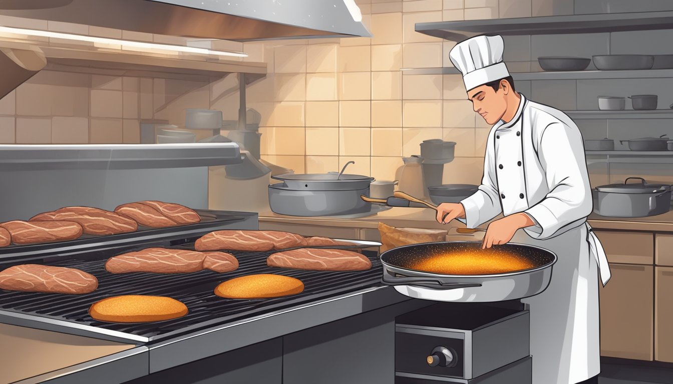 A chef tenderizes and breads a piece of meat before frying it in a sizzling pan