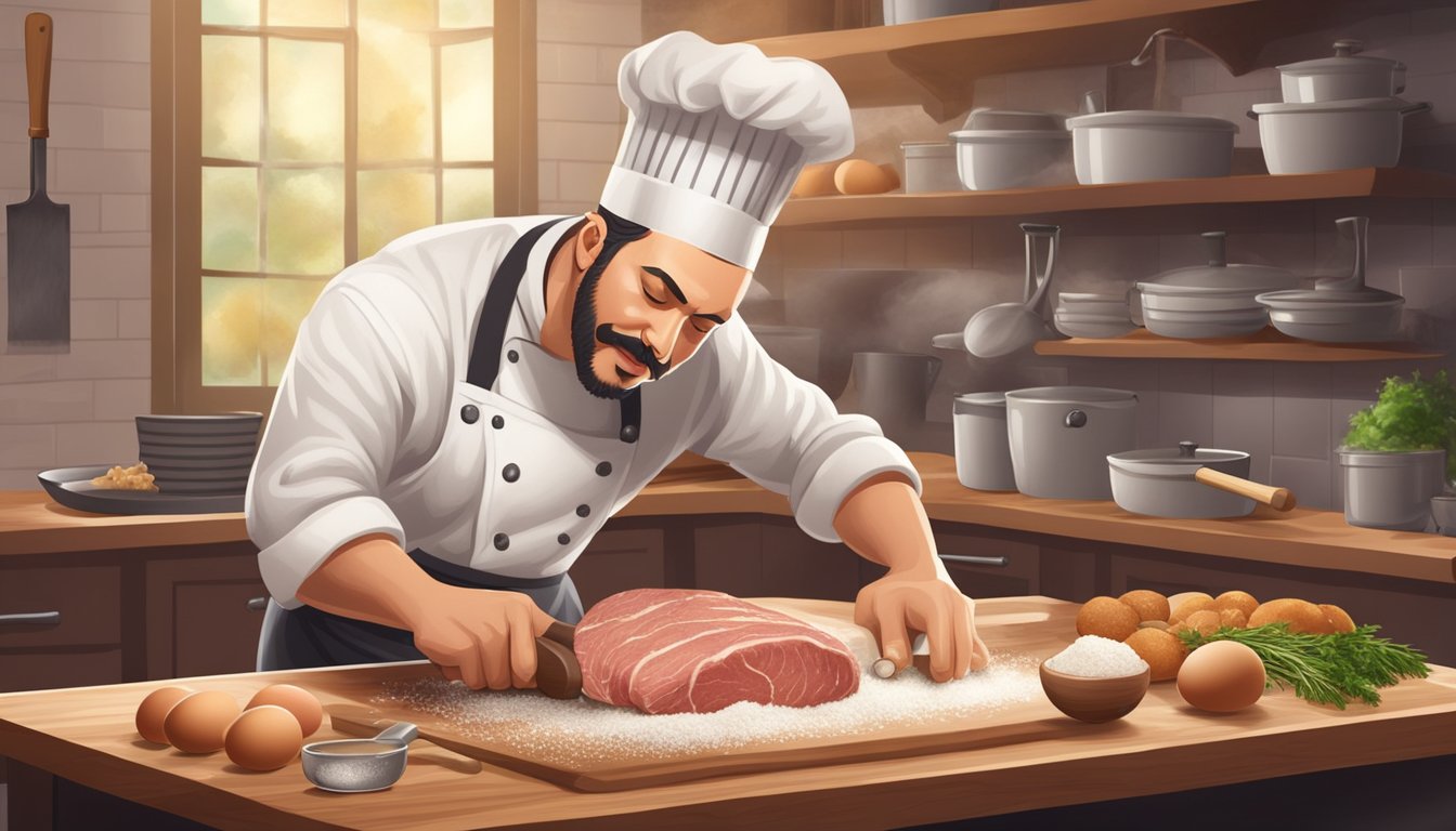 A chef tenderizing a piece of meat with a mallet on a wooden cutting board, surrounded by ingredients like flour, eggs, and breadcrumbs