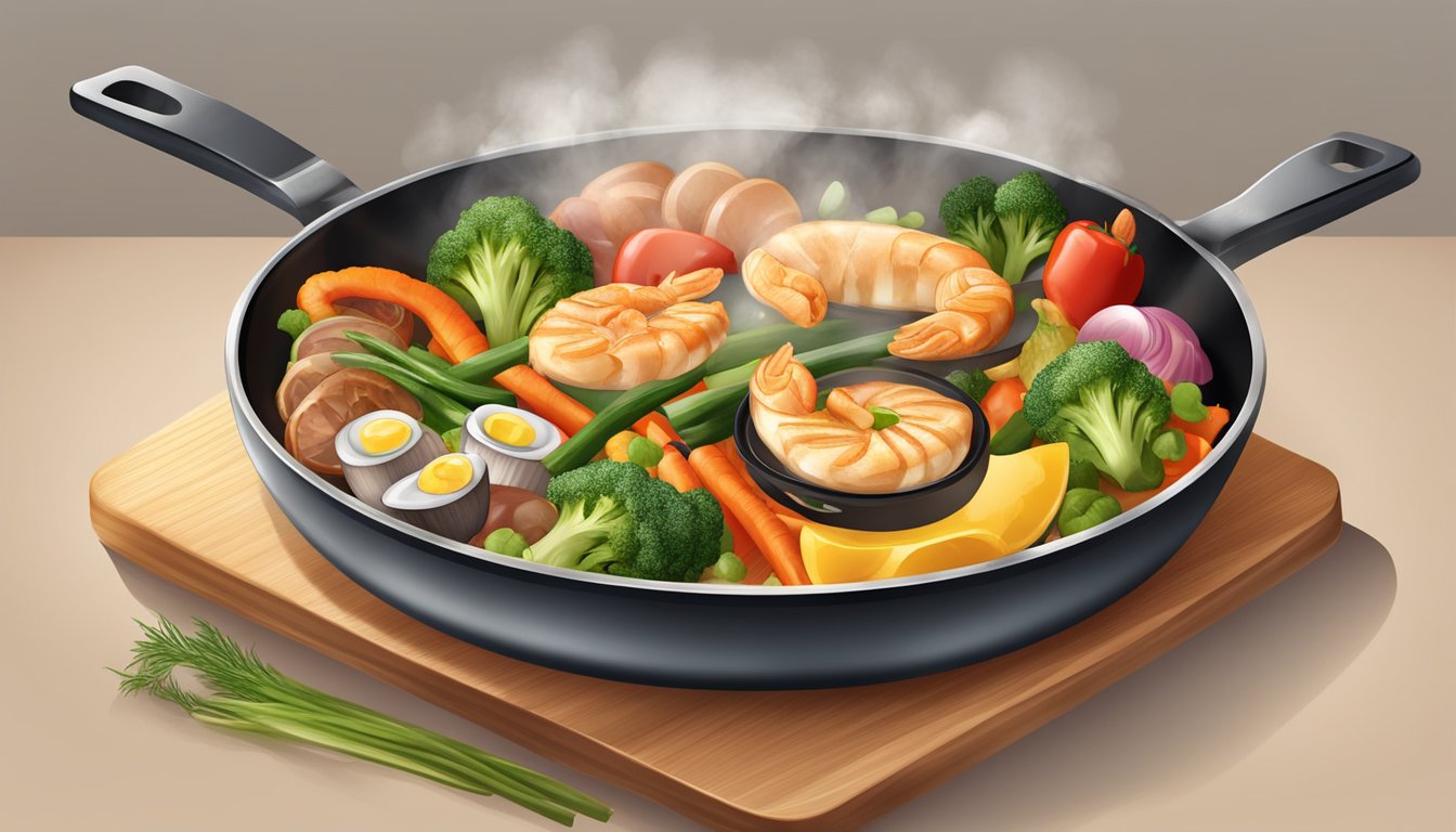 A sizzling pan with a variety of gluten-free ingredients such as vegetables, meats, and seafood being fried to golden perfection