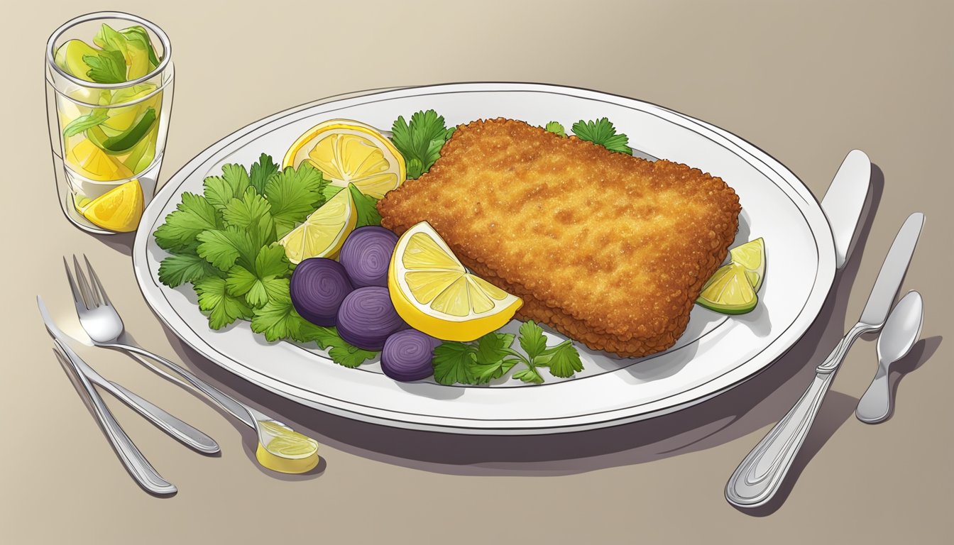 A golden schnitzel on a white plate, surrounded by a colorful array of pickles, lemon wedges, and parsley garnish