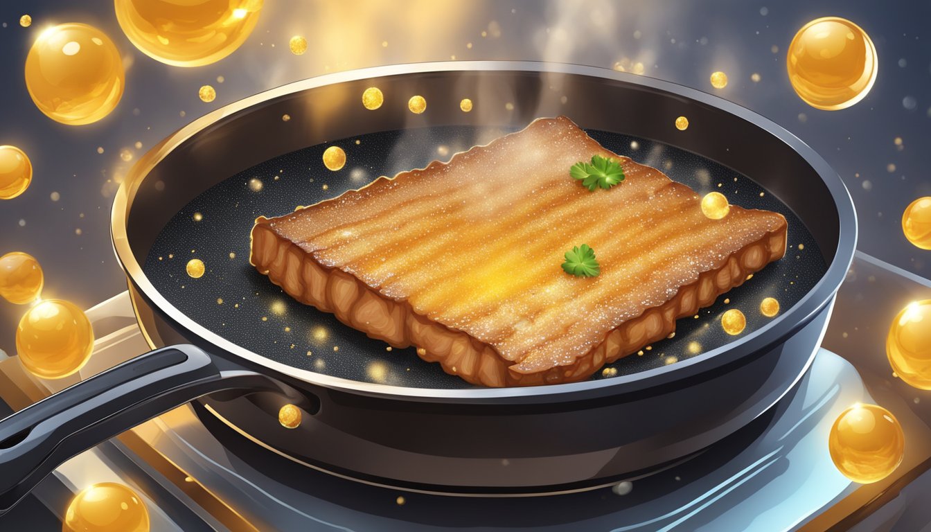 A sizzling pork belly frying in a hot pan, with golden bubbles forming on the surface, emitting a mouthwatering aroma