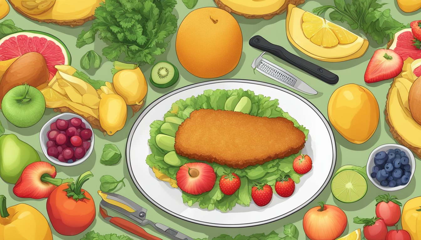 A golden schnitzel surrounded by colorful fruits and vegetables, with a measuring tape and nutritional labels in the background