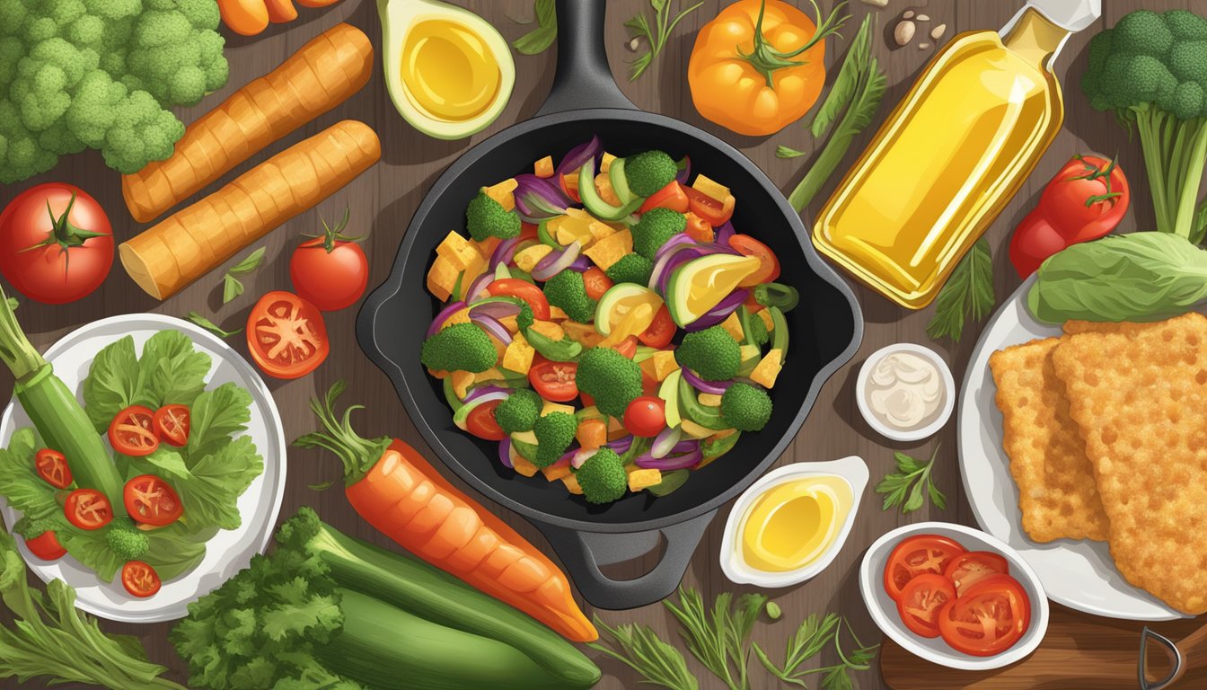 A sizzling skillet of gluten-free fried foods surrounded by fresh vegetables and a variety of cooking oils, with a focus on healthy and nutritious options