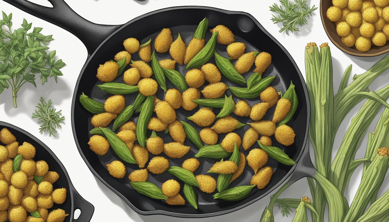 A cast iron skillet sizzling with golden, crispy fried okra, surrounded by fresh whole okra pods and a sprig of thyme