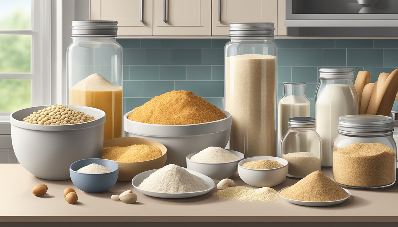 A variety of gluten-free ingredients arranged on a clean, well-lit kitchen counter, including flours, starches, and alternative breading options