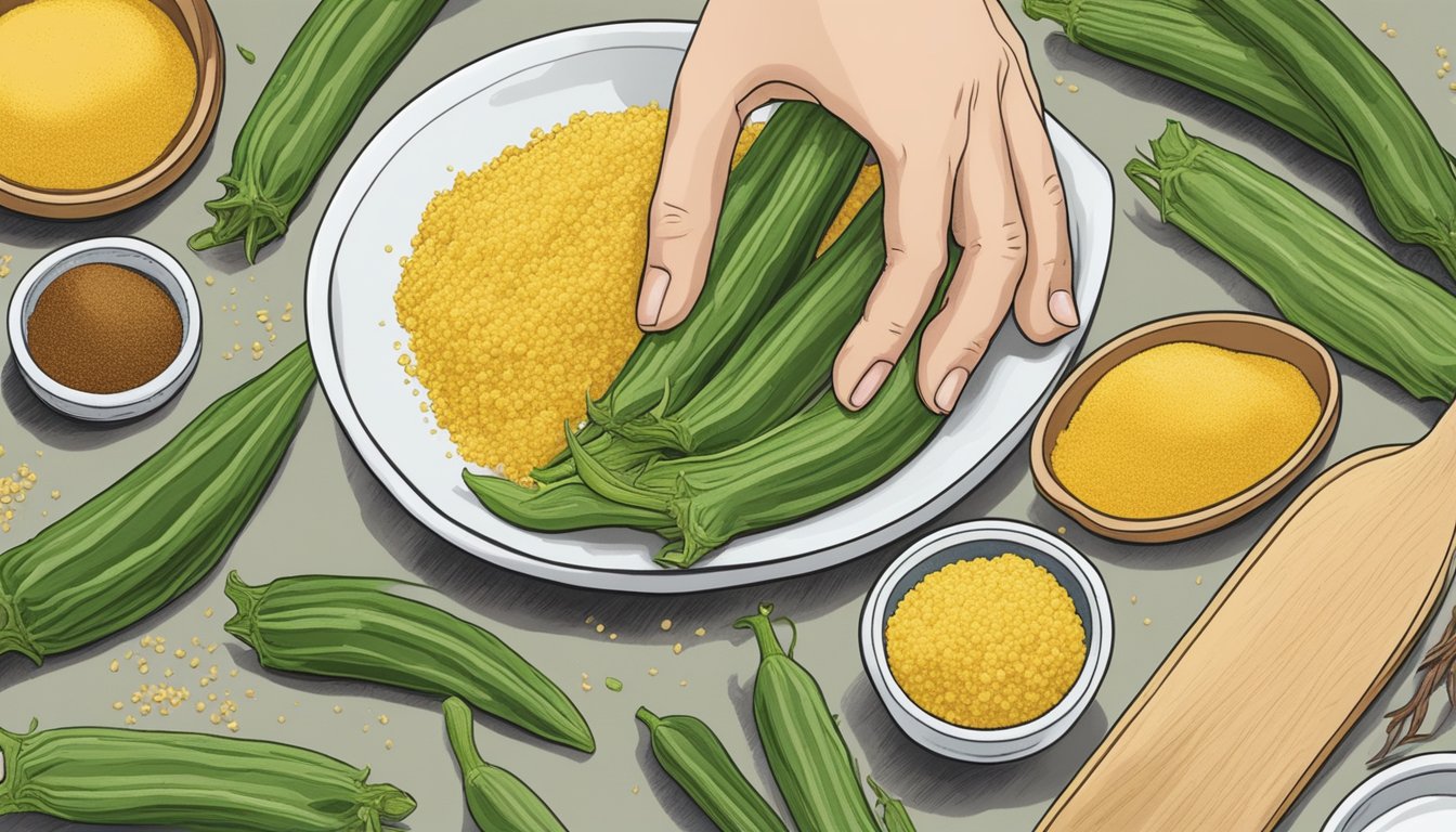 A hand reaching for fresh okra, cornmeal, and spices on a kitchen counter