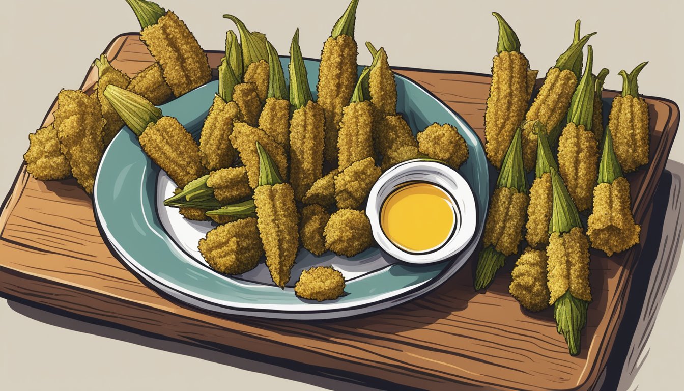 A plate of golden fried okra arranged with a side of dipping sauce on a wooden serving board