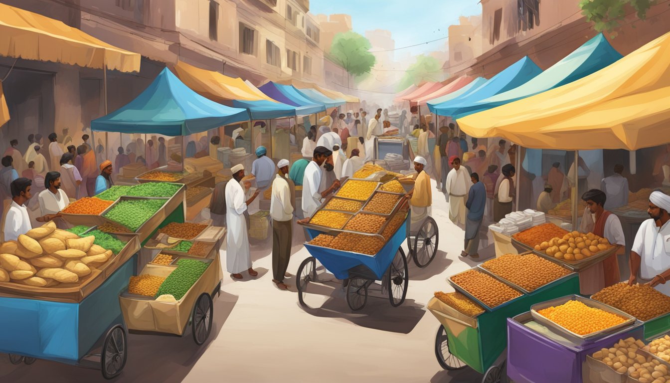 A bustling Indian marketplace with vendors selling samosas from colorful carts