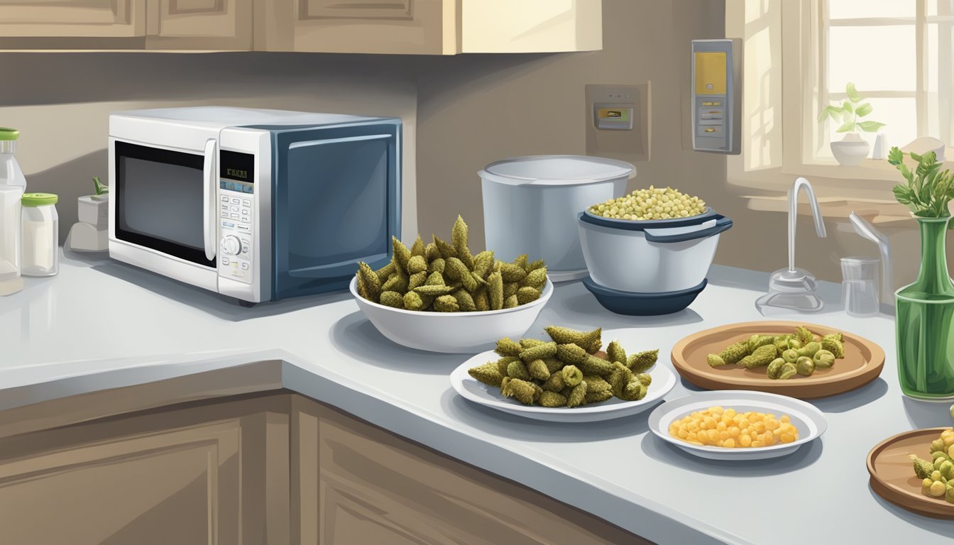 A kitchen counter with a container of fried okra, a microwave, and a plate