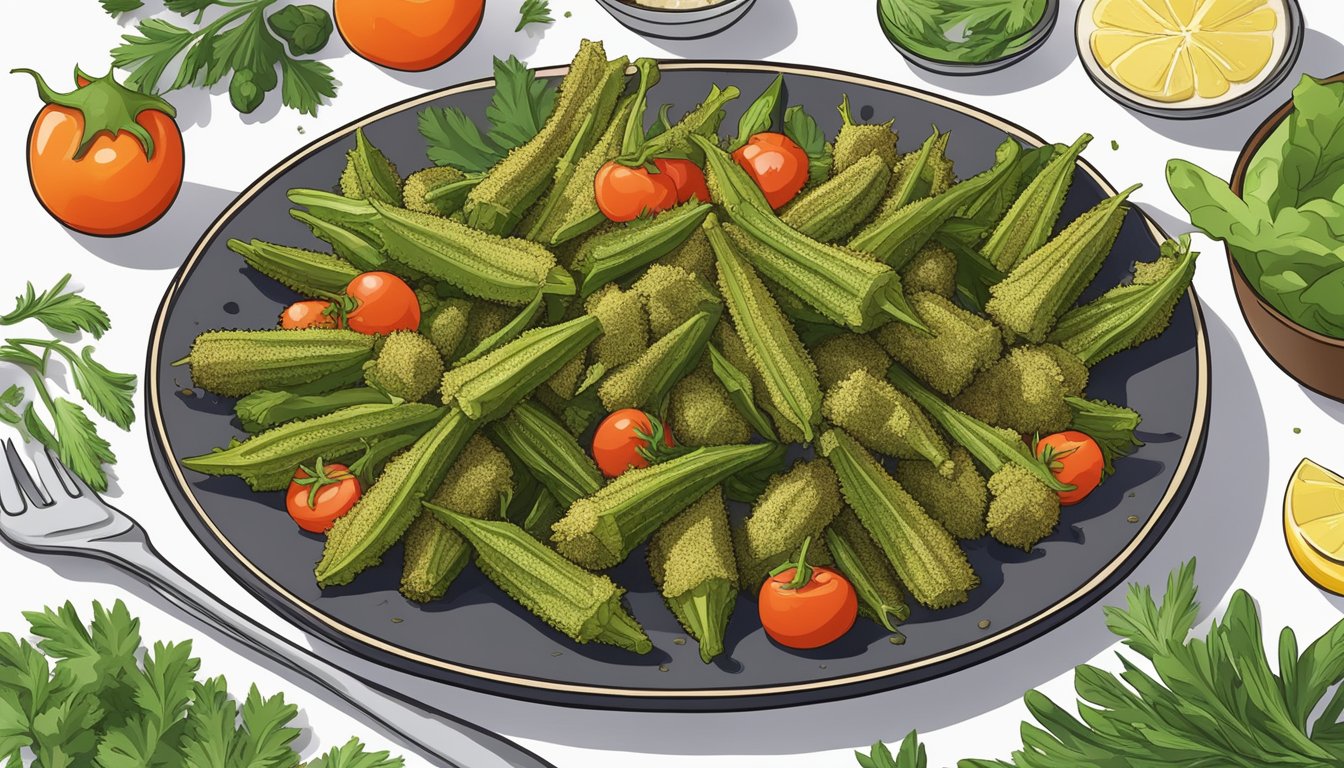 A plate of crispy fried okra surrounded by fresh vegetables and herbs